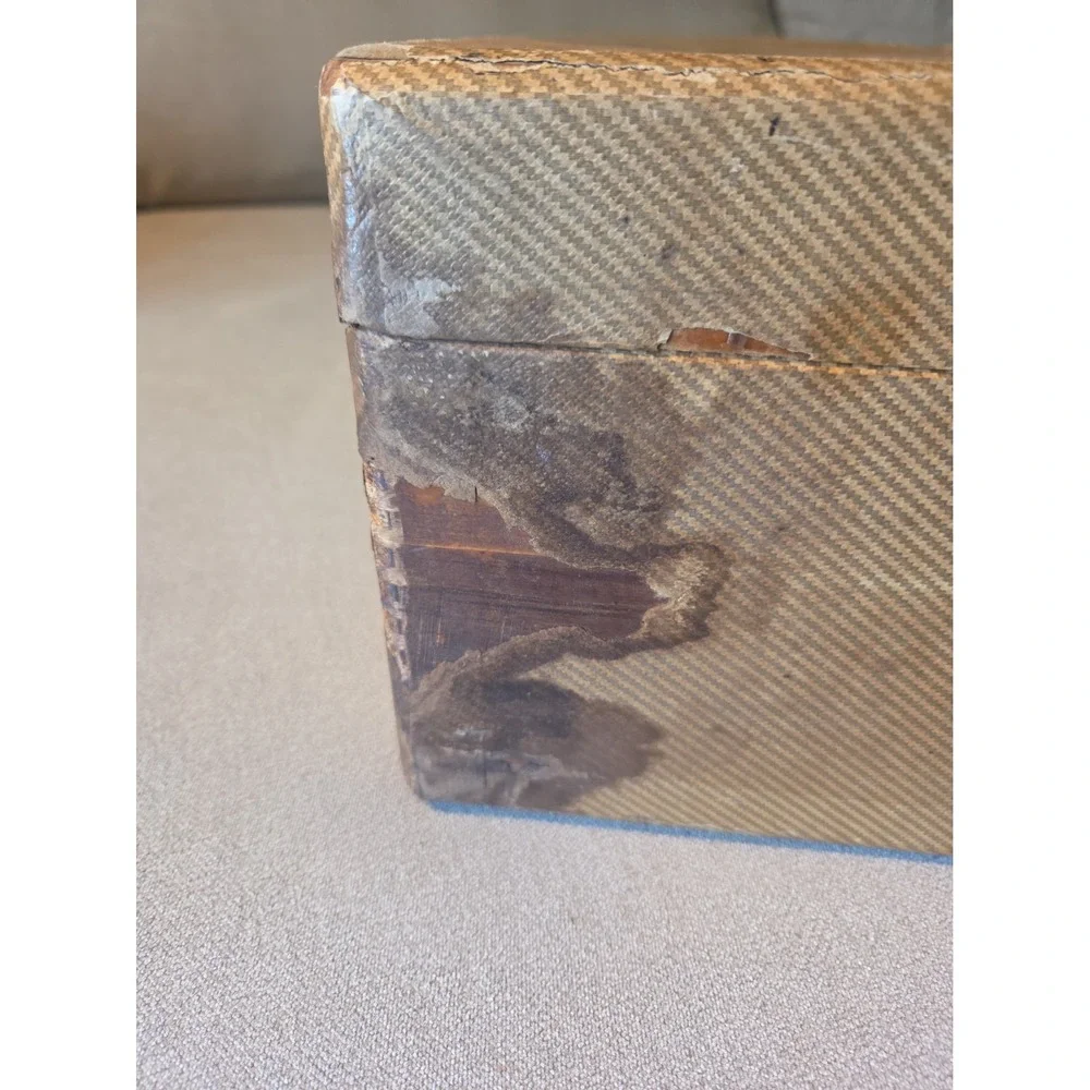 Vintage 1940s Tweed Suitcase Hardcase Luggage Brown & Yellow Stripes Prop Decor